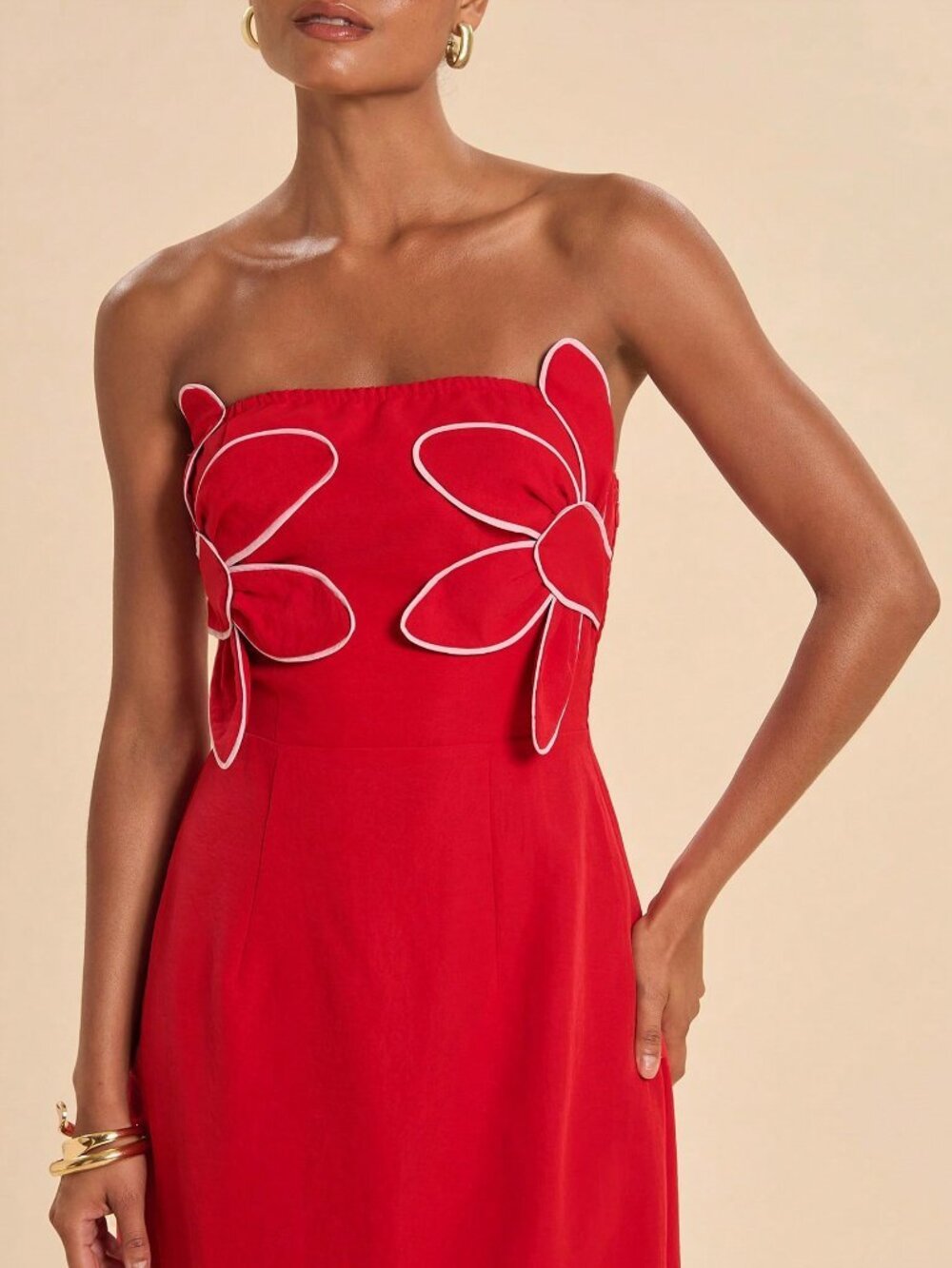 Red Casual Women's Floral Mid-Length Strapless Dress - Picture 7 of 7